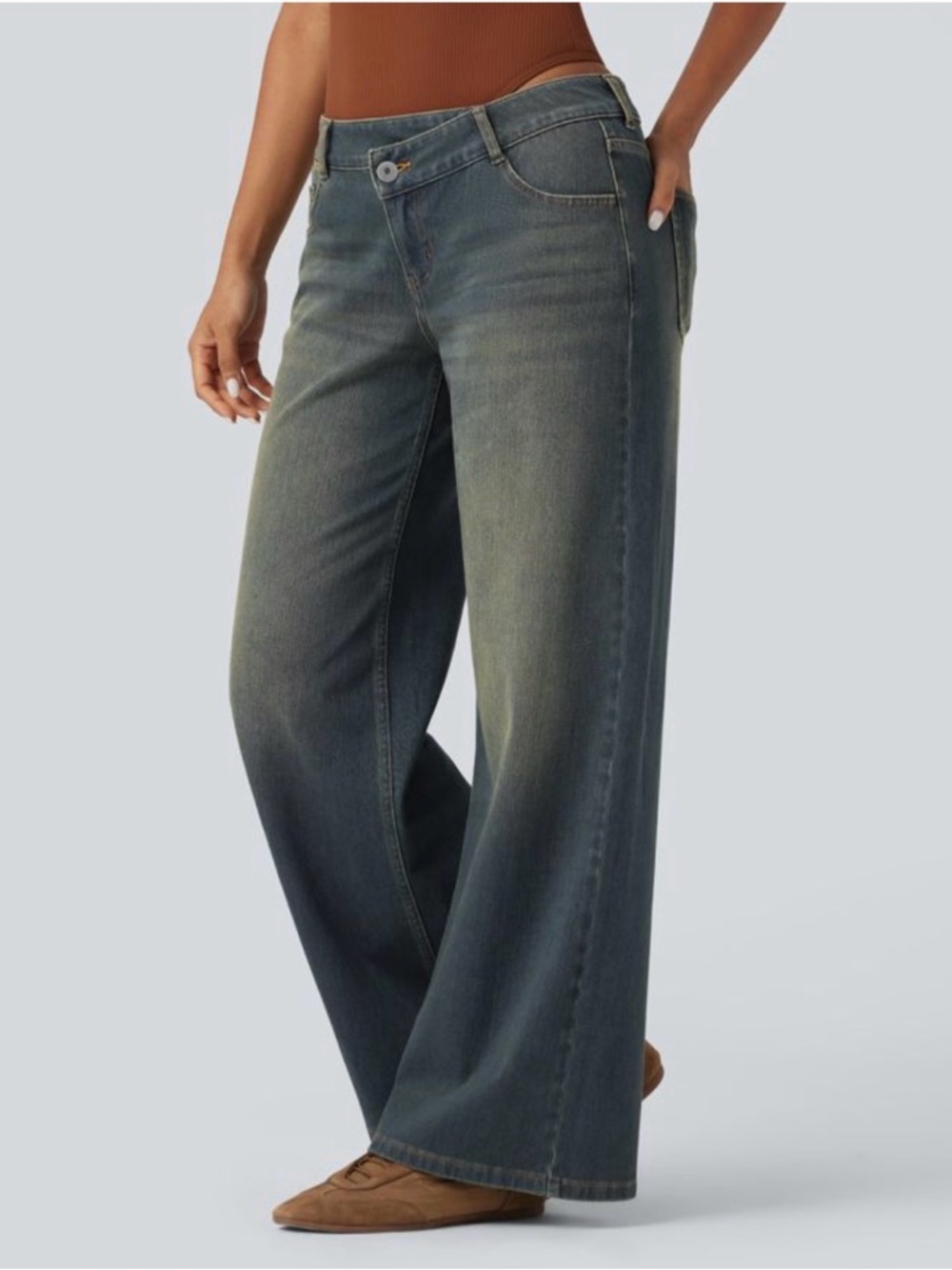 Halara Flex (comfy stretchy denim fabric) Asymmetric Low Rise Wide Leg Jeans